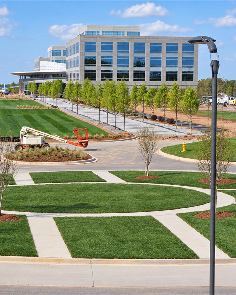 Aerial view of newly installed turf and plantings on a commercial site
